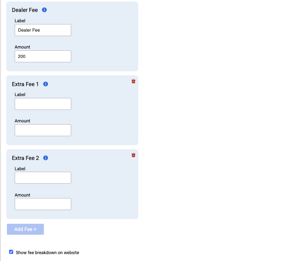 Website Company Settings showing the Dealer Fee, Extra Fee 1 and Extra Fee 2 fields and the Show fee breakdown on website checkbox