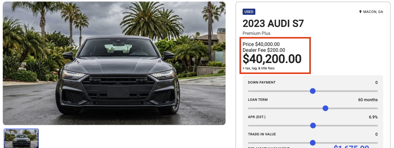 Vehicle detail page showing Price $40,000.00, Dealer Fee $200.00 and a total of $40,200.00